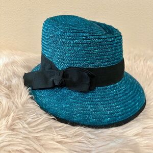 Halogen Teal Woven Straw Hat with Black Ribbon – One Size
